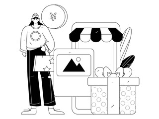 Fototapeta premium Holiday shopping people doing e-commerce online shopping flat vector concept operation hand drawn illustration 