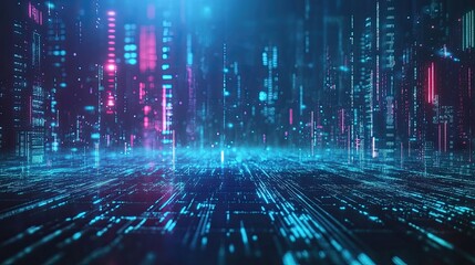 Futuristic city landscape with digital lines and vibrant neon accents