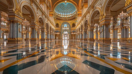 Obraz premium Opulent hall with marble floor, arched ceilings, and glittering chandeliers