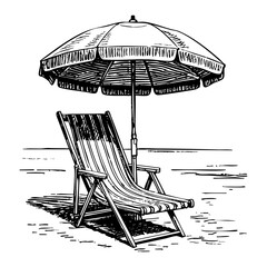 Umbrella and seat on beach sketch engraving black and white outline. Scratch board imitation. illustrated in vintage line art style on a white background.