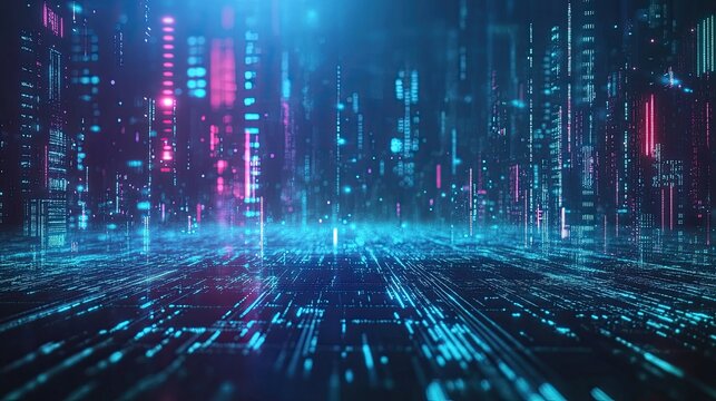 Futuristic city landscape with digital lines and vibrant neon accents