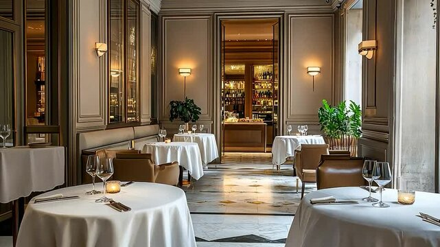 Elegant Parisian restaurant interior with empty tables, showcasing a luxurious ambiance