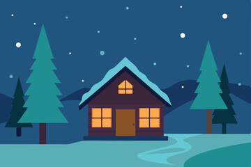 Naklejka premium anime-cabin-in-the-woods-during-snowfall 