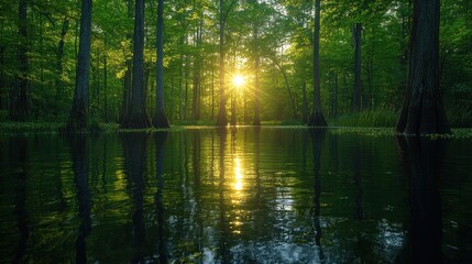 Sunrise through cypress swamp forest, tranquil water reflection