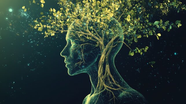 An abstract illustration of a human body with tree-like branches and leaves representing the vagus nerve, blending nature and anatomy. Generated AI. illustration