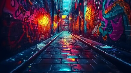 Vibrant Alleyway Urban Youth in Streetwear Discovering Graffiti Covered Passage