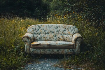Abandoned Vintage Sofa in Overgrown Roadside Landscape with Grunge Aesthetic