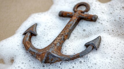 Rusted anchor resting on sandy shore