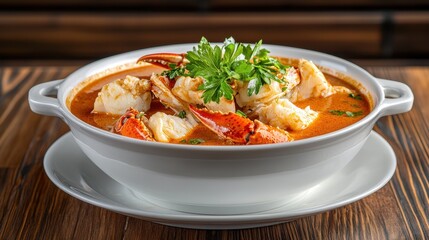Fototapeta premium Crab bisque in a white bowl with parsley garnish