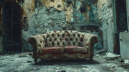 Abandoned Vintage Couch Covered in Dust and Stains in Moody Forgotten Street Scene