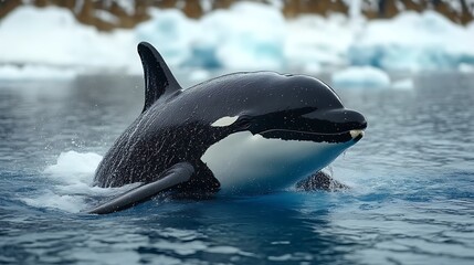 Obraz premium Orca Swimming in Cold Ocean Waters Near Icebergs Wildlife Marine Scene