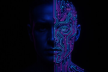 Portrait split between human face and digital circuits, concept of half-human half-AI identity