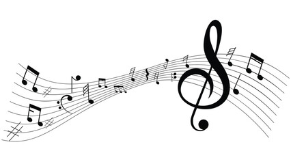 A vibrant musical composition featuring a large treble clef at the center, surrounded by colorful musical notes on a flowing staff, conveying rhythm and harmony.