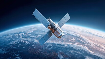 Obraz premium A modern satellite orbits earth, capturing data from space, showcasing technology and science.