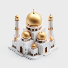 A stunning architectural model of a mosque with detailed golden domes and elegant white structure.