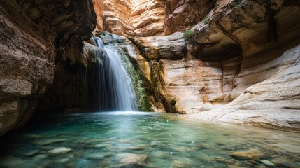 Serene waterfall cascading into a tranquil pool within a canyon oasis