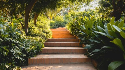 Serene Garden Pathway: A Sunlit Staircase Ascending Through Lush Greenery