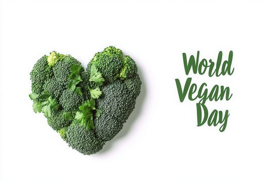 Broccoli heart with cilantro and world vegan day text on white background - Powered by Adobe