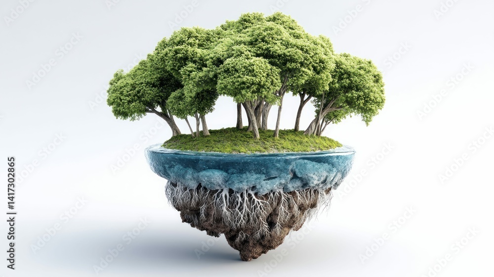 Poster a whimsical scene of a floating island adorned with lush greenery and transparent waters.