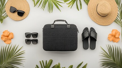 Flat lay arrangement bag, sunglasses, sandals, hats, flowers, palm leaves on white background