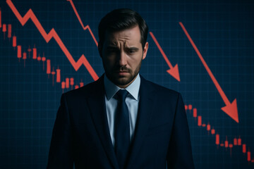 Businessman staring at stock crash screen, symbol of financial collapse
