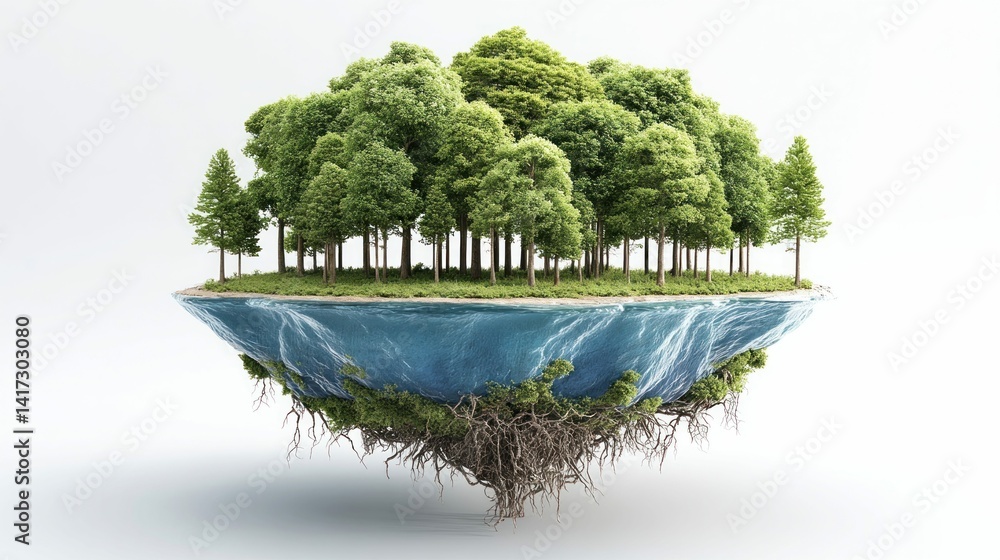 Poster a surreal floating island, complete with trees and ocean, appears against a white backdrop.