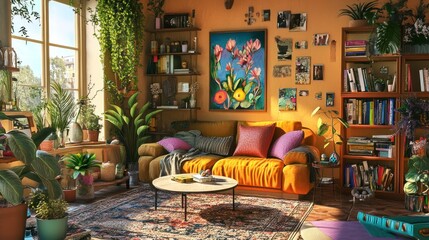 Bohemian living room filled with plants and sunlight