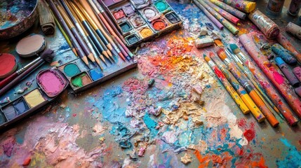 Obraz premium A Colorful Artist's Palette: Brushes, Paints, and the Creative Mess