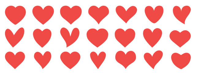 Set of hearts in scarlet, orange color, heart icons set vector, set of hearts different shapes for design. Heart collection. Vector art. Heart, love, romance hearts. Vector icons. Heart love symbol
