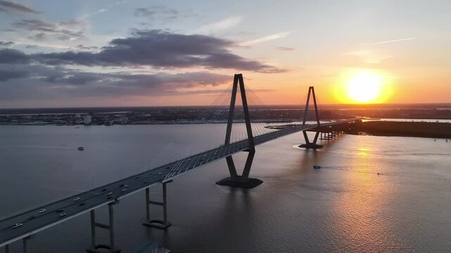 aerial pullout at sunset of the arthur ravenel jr bridge in charleston sc, south carolina