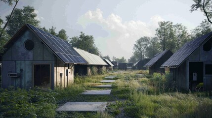 Fototapeta premium Abandoned Solar-Powered Cottages in Overgrown Field