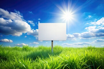 Perfect summer backdrop: pristine white sign against a blue sky and green grass.