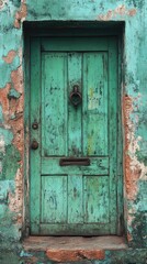 Old green door with metal knocker set in a weathered wall.