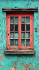 Red window with multiple panes on a weathered turquoise wall.