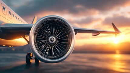 The sun sets behind an airplane, emphasizing its powerful engine and sleek design.