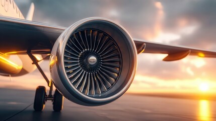 Close-up of an airplane engine at sunset, depicting travel, adventure, and aviation.