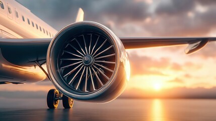 Close-up of a jet engine and wing during a beautiful sunset, perfect for travel concepts.