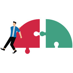 Businessman complete last missing jigsaw puzzle piece to solve business problem