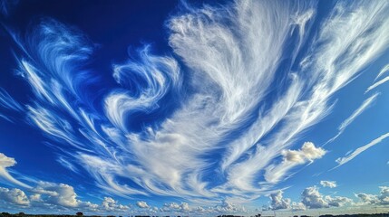 Vertical Sky Photo of Deep Blue Sky with Fluffy Cumulus, Cirrus Clouds, and Sunlit Atmospheric Textures