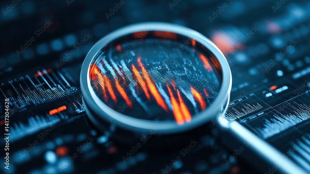 Aufkleber magnifying glass hovering over data visualization, highlighting trends and patterns in digital form.