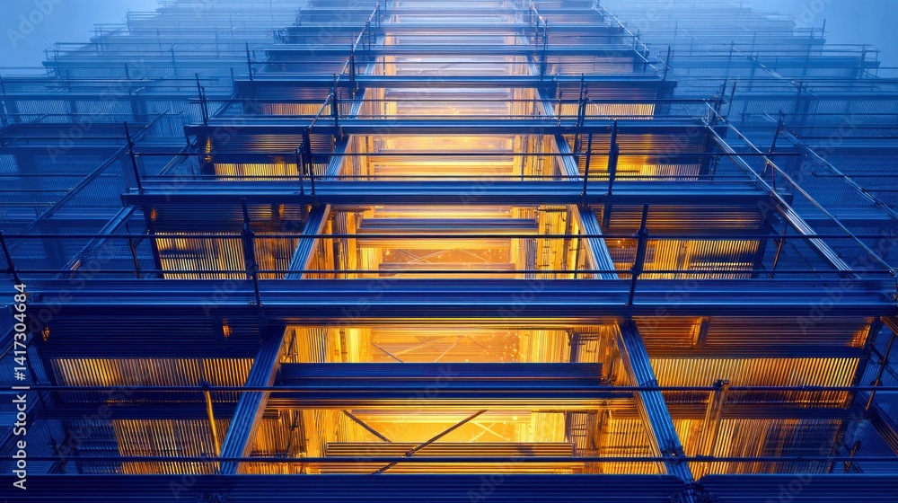 Poster dramatic low-angle view of scaffolding on a building facade with a moody atmosphere.