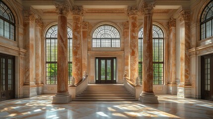 Grand hall interior, sunlit marble staircase, ornate columns, elegant architecture