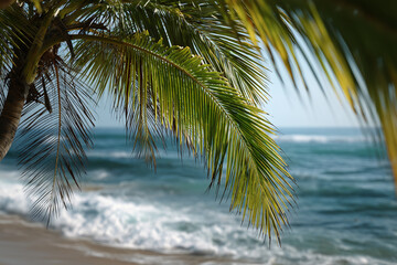 Fototapeta premium Close-up of green palm frond against blurred ocean background, suggesting tropical vacation, relaxation, and escape