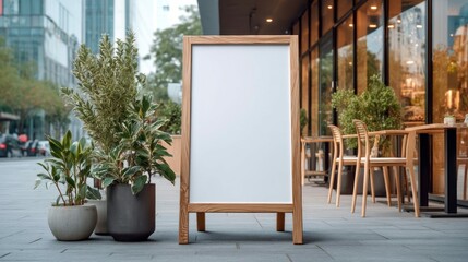 Wooden sandwich board with blank space stands outside a cafe, inviting passersby to enter.