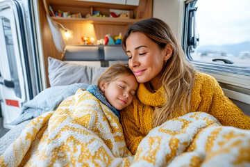Happy mother and daughter cuddling under warm blankets while napping inside a cozy camper van