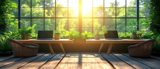 Working From Home with Laptop and Plants in Bright Sunlit Room