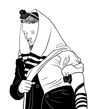 jewish man wearing tallit, tefillin, black and white clip art preview