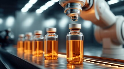 Robotic arm precisely filling vials with a golden liquid in a pharmaceutical plant.