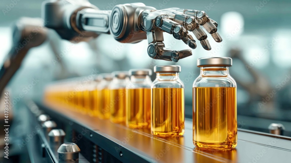 Poster robotic arm precisely handling medicine vials on a production line in a laboratory setting.