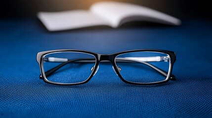Glasses rest on a textured blue surface; an open book is blurred in the background